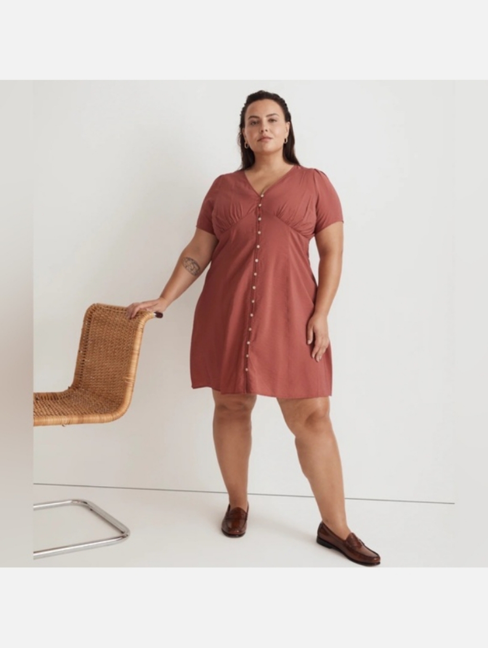 NWT: MADEWELL; WOMEN'S SHIRRED BUTTON FRONT MINI DRESS, RED, PLUS SIZE:16.